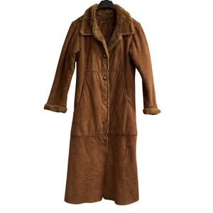 Nills Coat M Faux Leather Suede Jacket Size M  Brown Fur Trim Long Penny Lane